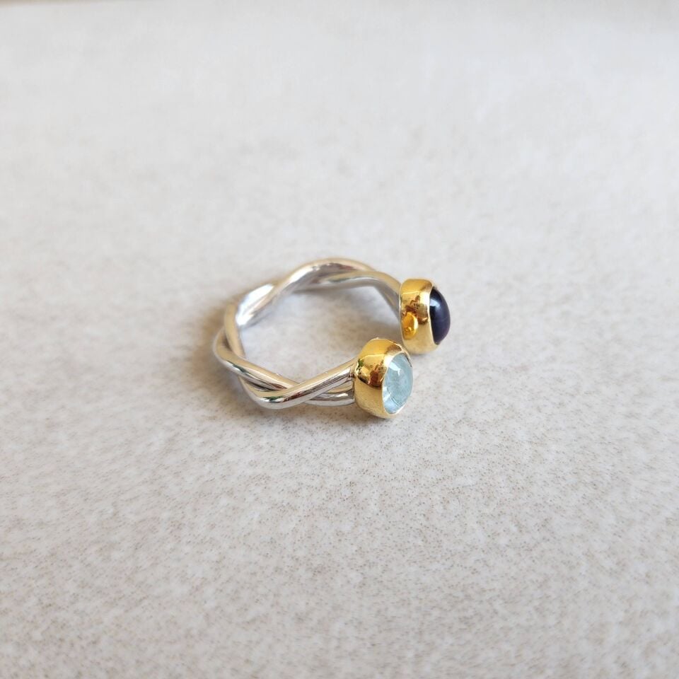 Ametist ve Akuamarin Taşlı Altın Kaplamalı Gümüş Yüzük