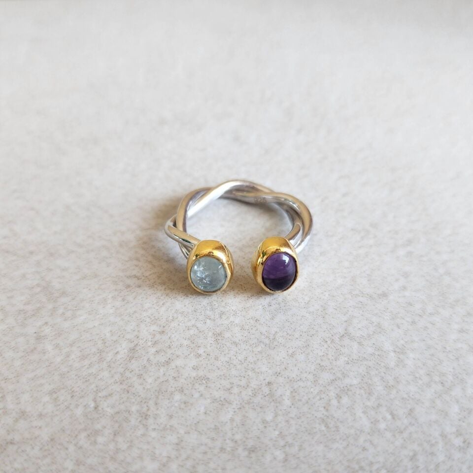 Ametist ve Akuamarin Taşlı Altın Kaplamalı Gümüş Yüzük