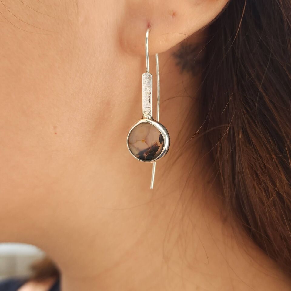 Dendritli Agat Taşlı 925 Ayar El Yapımı Gümüş Küpe