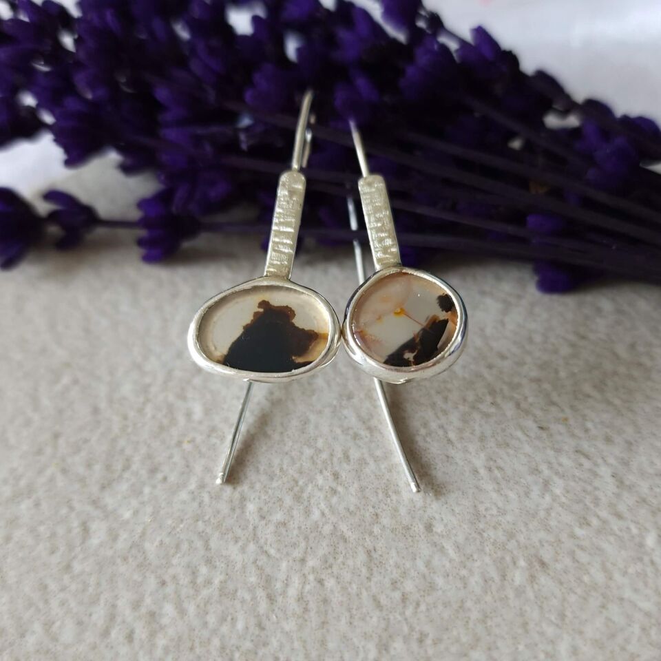 Dendritli Agat Taşlı 925 Ayar El Yapımı Gümüş Küpe