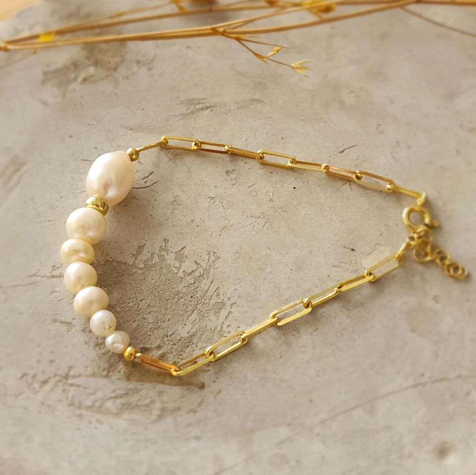 Doğal İnci Detaylı Altın Kaplama 925 Ayar Gümüş Bileklik