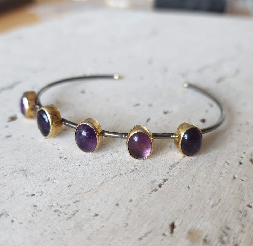 Altın ve Rodyum Kaplama Ametist Taşlı 925 Ayar El Yapımı Gümüş Bileklik