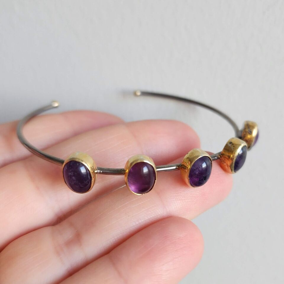Altın ve Rodyum Kaplama Ametist Taşlı 925 Ayar El Yapımı Gümüş Bileklik