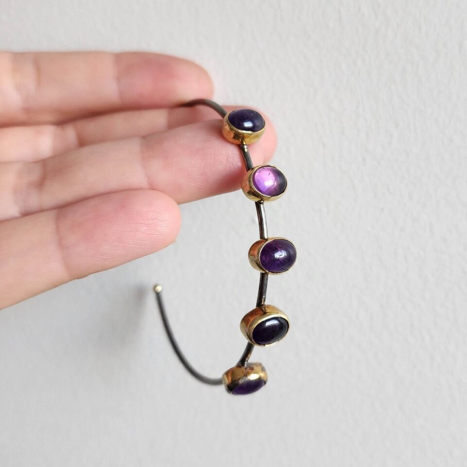 Altın ve Rodyum Kaplama Ametist Taşlı 925 Ayar El Yapımı Gümüş Bileklik