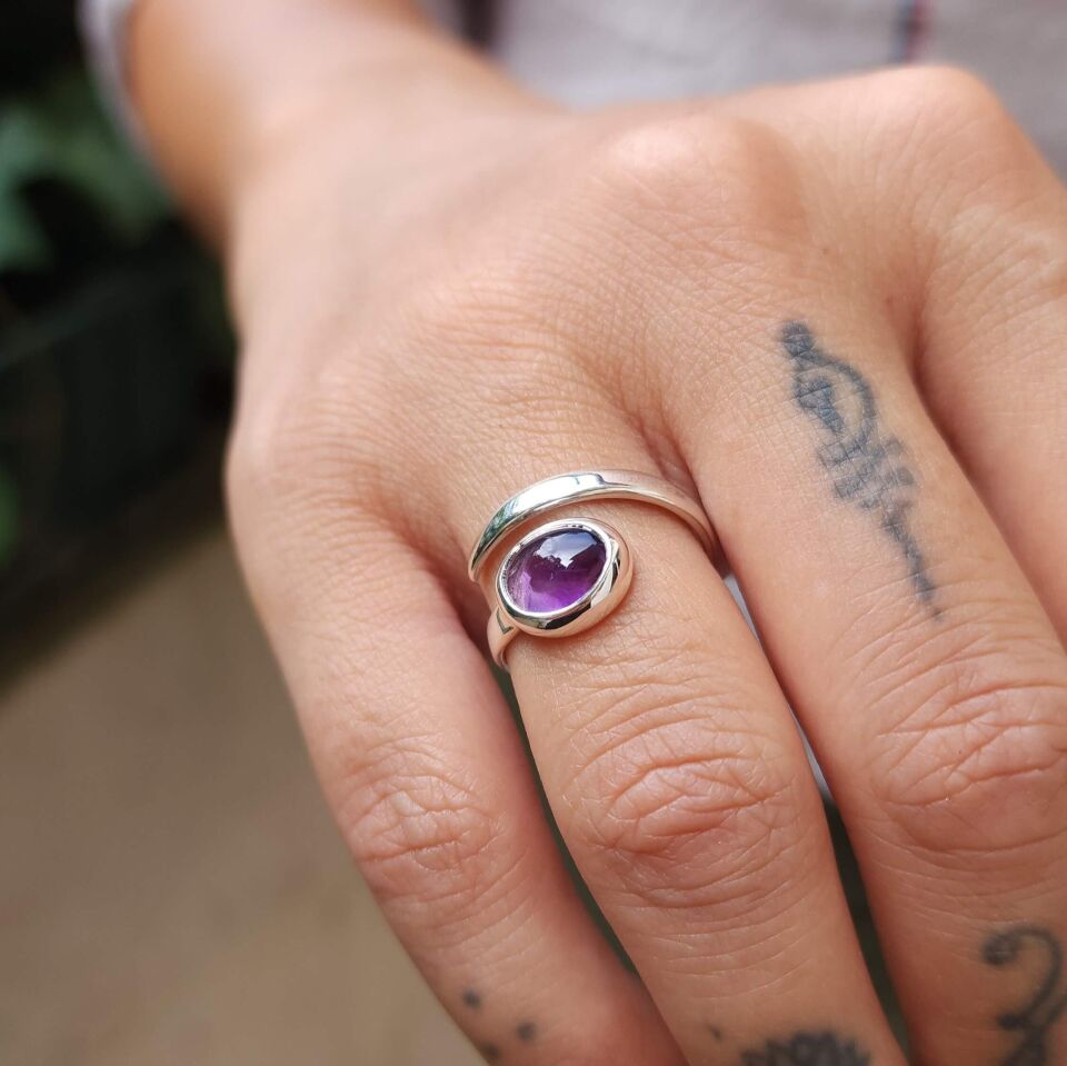 Ametist Taşlı 925 Ayar El Yapımı Gümüş Açık Yüzük