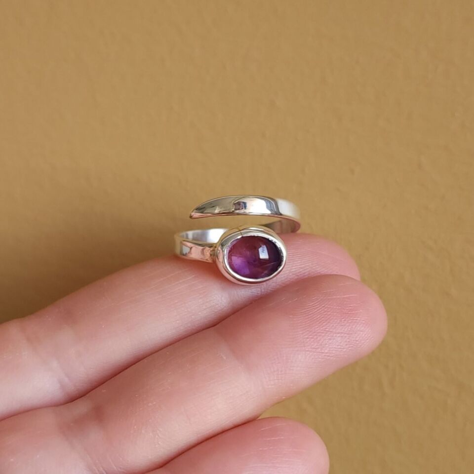 Ametist Taşlı 925 Ayar El Yapımı Gümüş Açık Yüzük