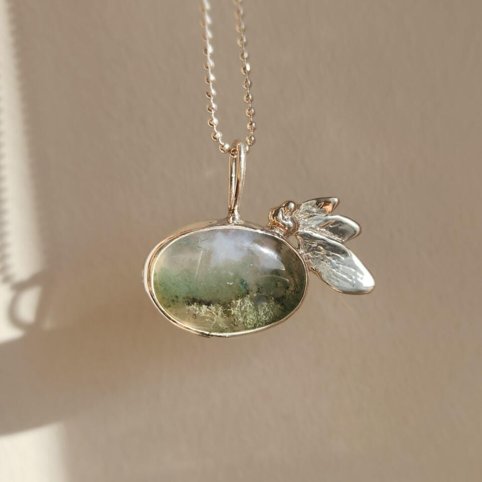 Yosun Akik Taşlı Yaprak Detaylı 925 Ayar El Yapımı Gümüş Kolye