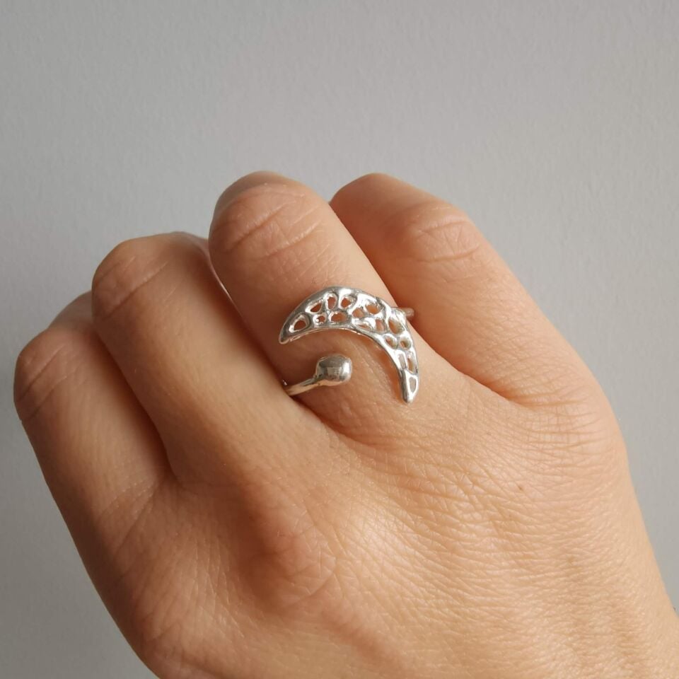 Organik Form Ay Temalı 925 Ayar Gümüş Ayarlanabilir Yüzük