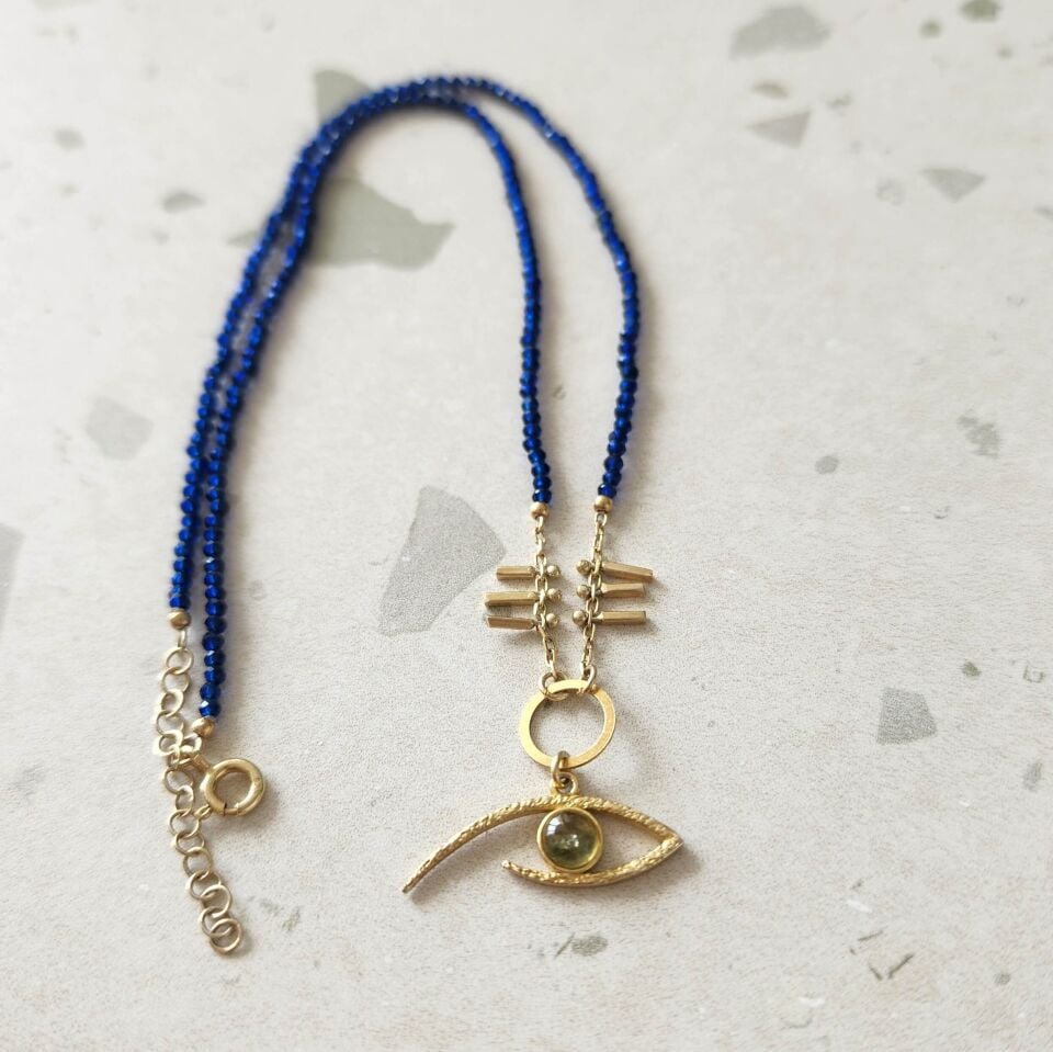 Lacivert Kristal Taşlı Altın Kaplamalı Gümüş Göz Kolye
