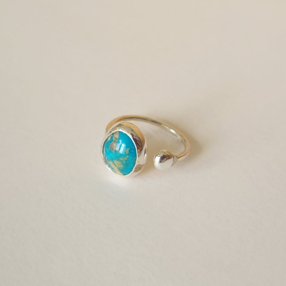 Turkuaz Taşlı Ayarlanabilir 925 Ayar Gümüş Yüzük - El İşçiliği Doğal Taş Tasarımı