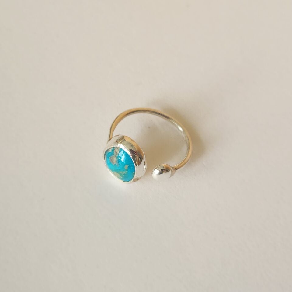 Turkuaz Taşlı Ayarlanabilir 925 Ayar Gümüş Yüzük - El İşçiliği Doğal Taş Tasarımı