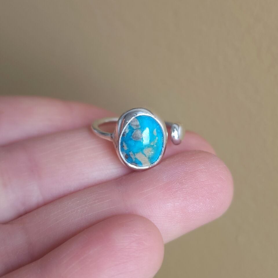 Turkuaz Taşlı Ayarlanabilir 925 Ayar Gümüş Yüzük - El İşçiliği Doğal Taş Tasarımı