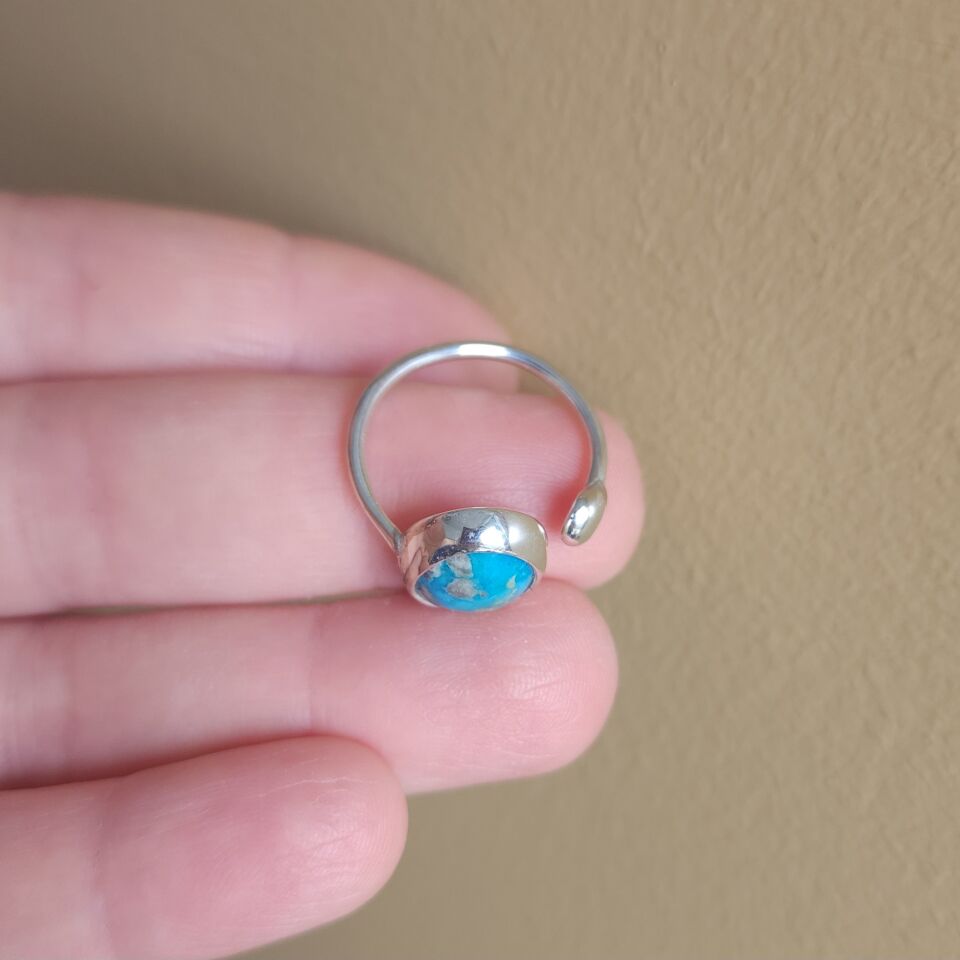 Turkuaz Taşlı Ayarlanabilir 925 Ayar Gümüş Yüzük - El İşçiliği Doğal Taş Tasarımı