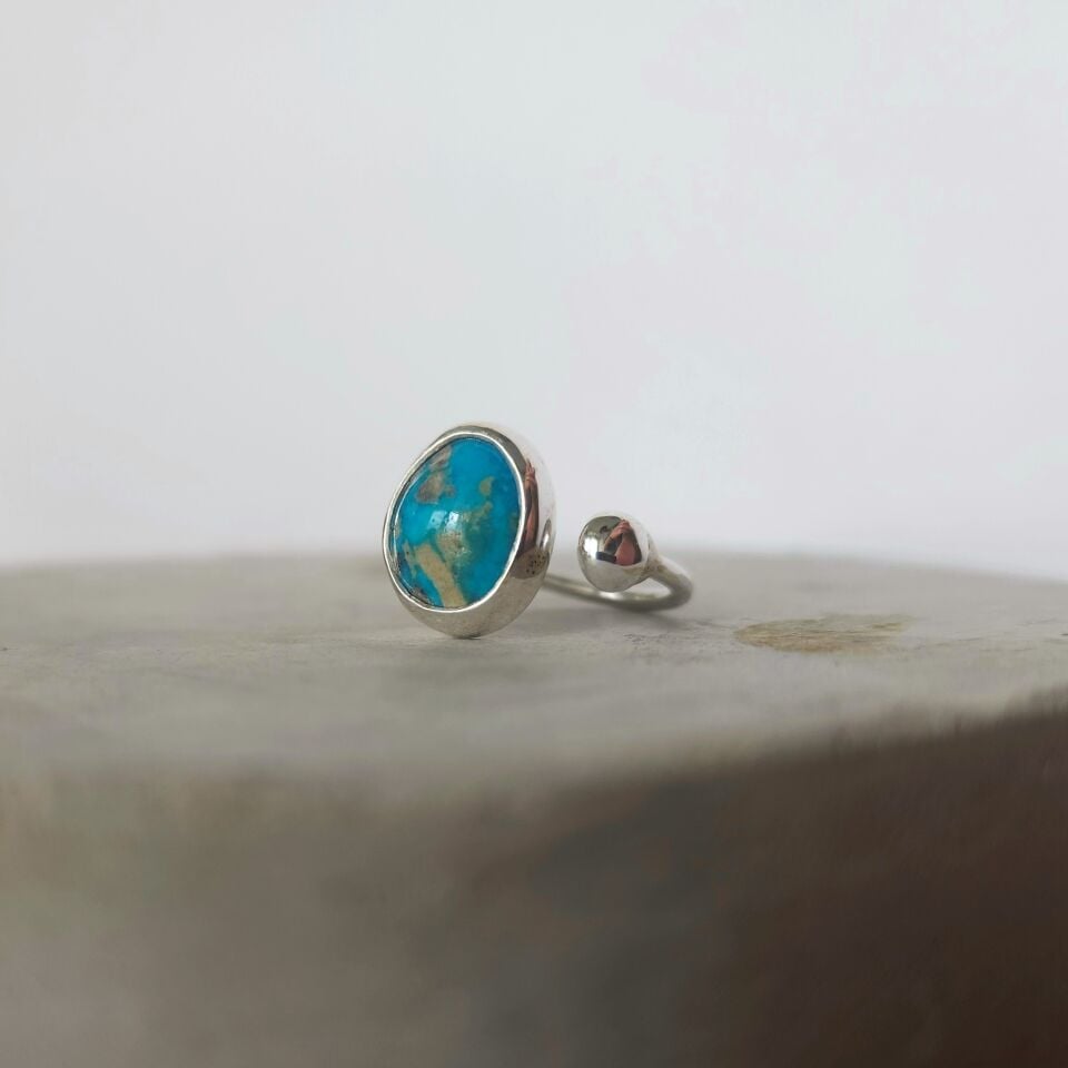 Turkuaz Taşlı Ayarlanabilir 925 Ayar Gümüş Yüzük - El İşçiliği Doğal Taş Tasarımı