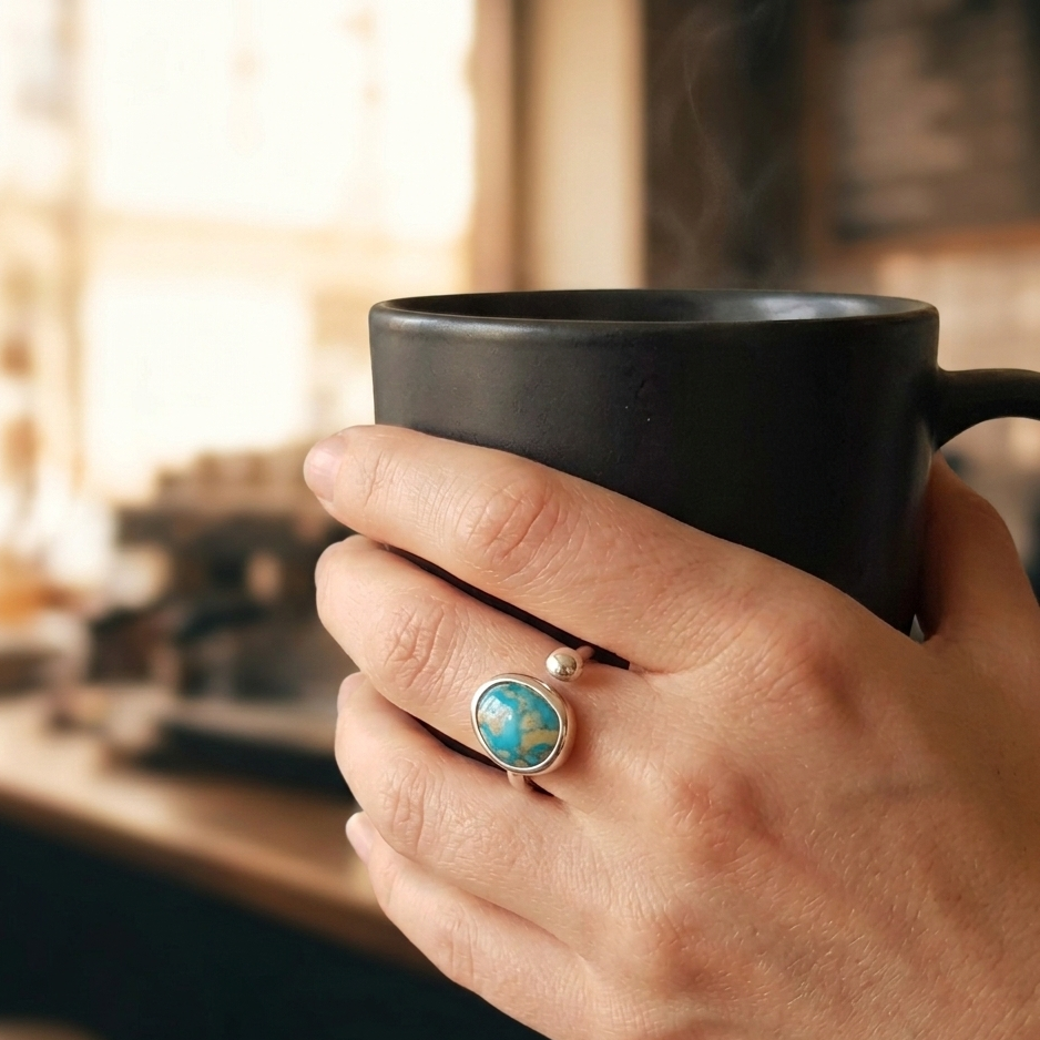 Turkuaz Taşlı Ayarlanabilir 925 Ayar Gümüş Yüzük - El İşçiliği Doğal Taş Tasarımı