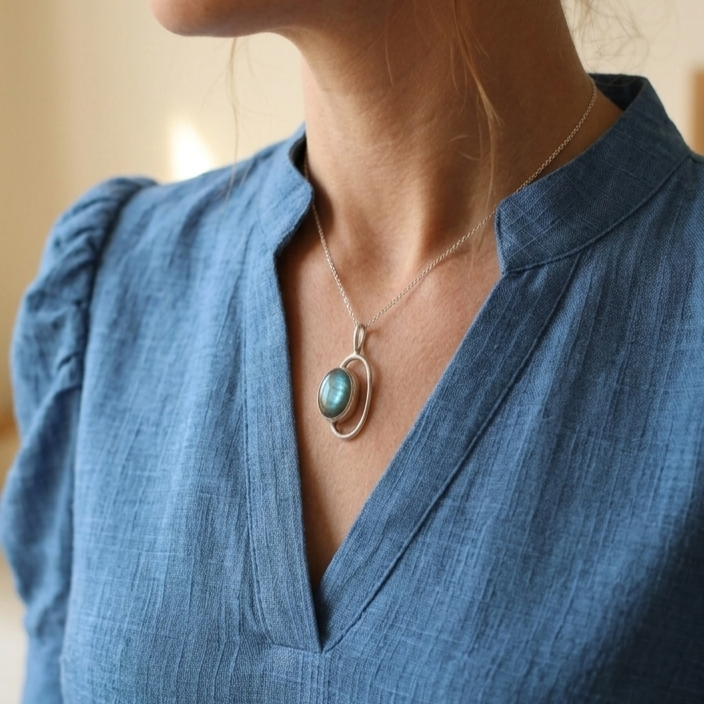 Labradorit Taşlı Modern Tasarım 925 Ayar Gümüş Kolye - El Yapımı Doğal Taş Şıklığı