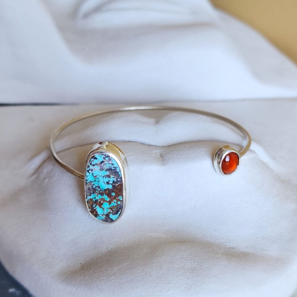 Turkuaz Ve Hessonit (Garnet) Taşlı Gümüş Bileklik